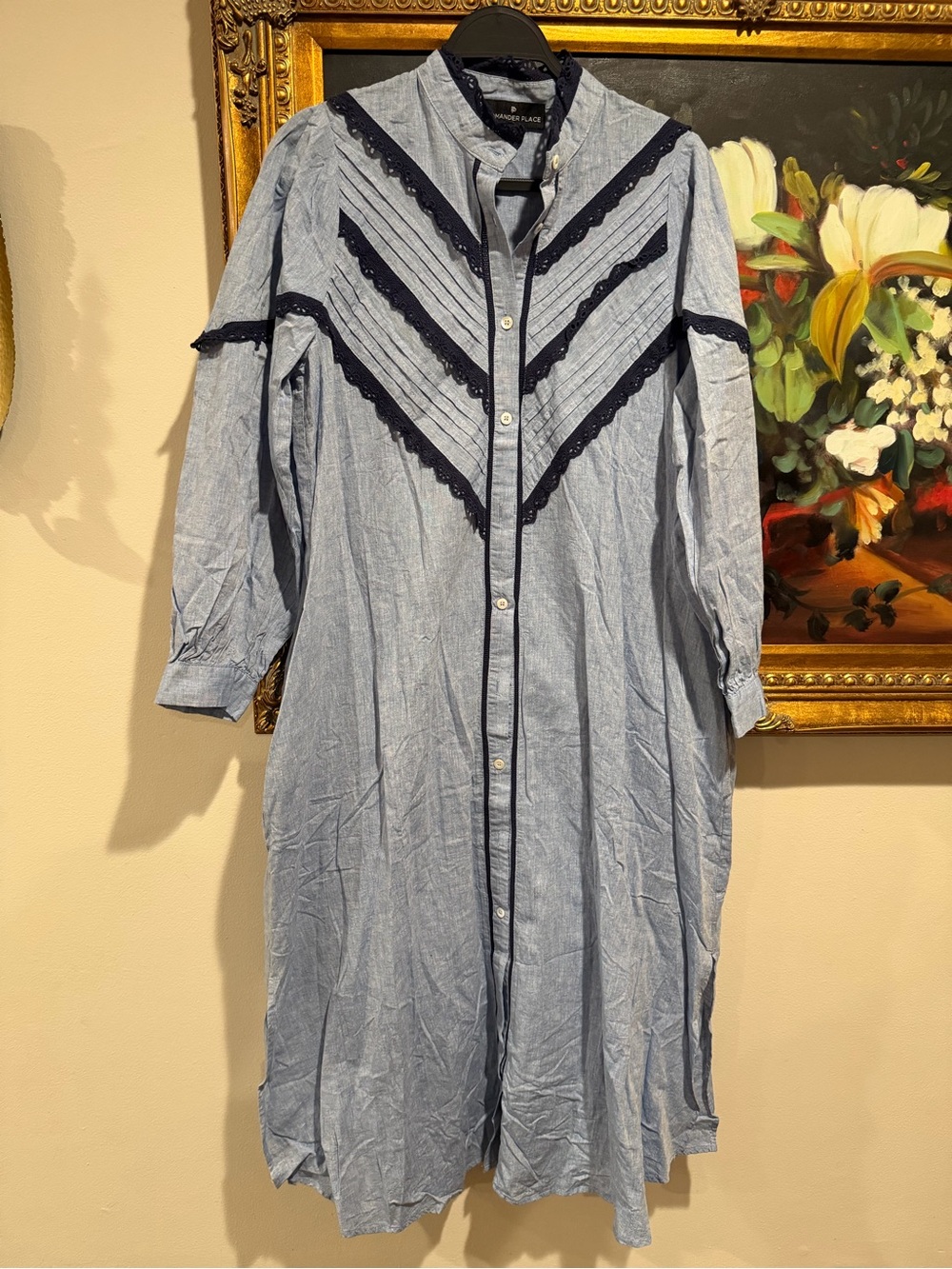 Pomander Place Light Blue Long Sleeve Button-Front Dress with Navy Trim